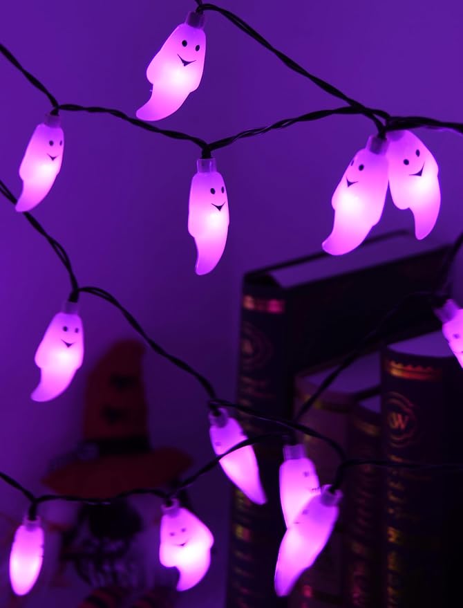 SUNSGNE 21ft Halloween String Lights, 50 LED Purple Ghost String Lights with 8 Modes, Extendable, Waterproof - Spooky Decor for Outdoor Garden Patio Yard House Indoor Bedroom Halloween Party