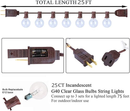 SUNSGNE 25Ft Globe String Lights with 27 Clear G40 Bulbs, Natural Warm Bulb Hanging Umbrella Lights for Backyard Patio Garden Party Cafe Indoor Outdoor Decor-Brown