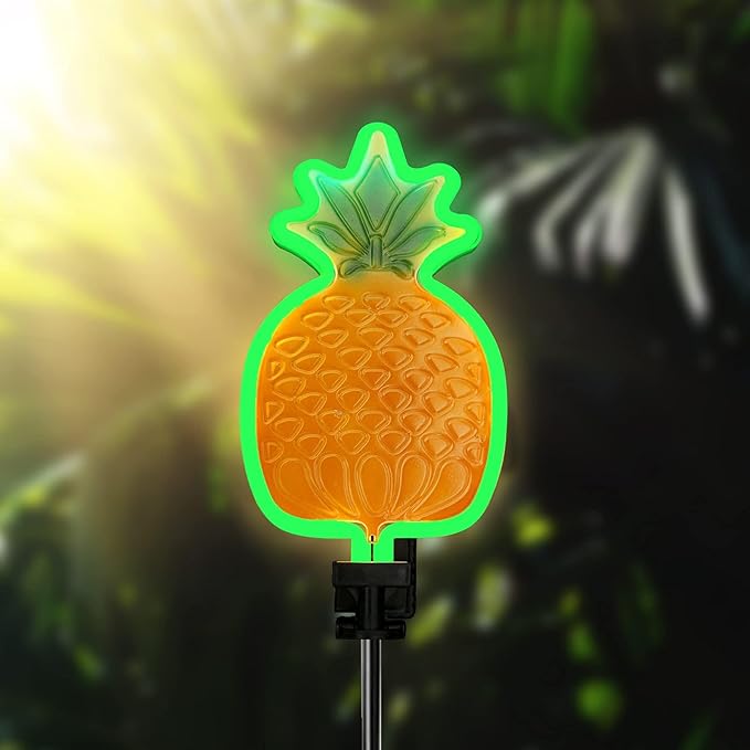 ANGMLN Solar Pineapple Neon Light - 2 Metal Garden Stake Lights 42 inch Path Lighting for Garden Yard Lawn Patio Walkway Decor