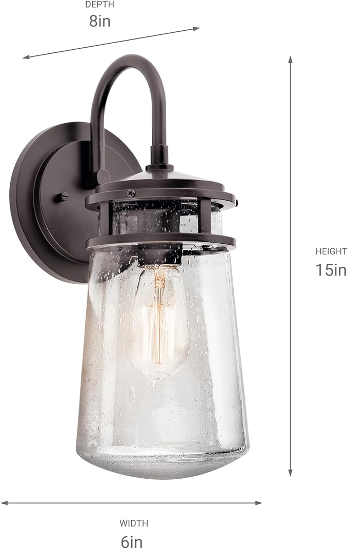 Kichler Lyndon 15" Wall Sconce in Architectural Bronze, 1-Light Indoor Outdoor Wall Light with Clear Seeded, (15" H x 6" W), 49445AZ