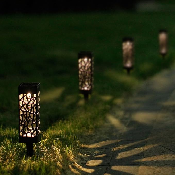 6pcs Hollow-Out Solar Lawn Lights Warm White Outdoor Garden Solar Ground Plug Lights Waterproof Pathway Landscape Lighting for Yard and Courtyard
