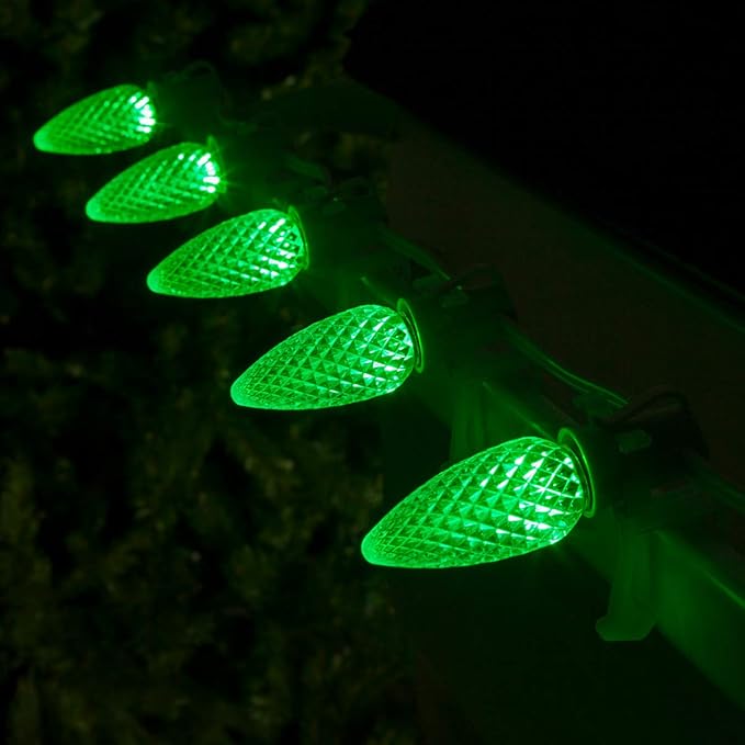 Wintergreen Lighting C9 OptiCore LED Green Christmas Lights – Heavy Duty Commercial Outdoor Bulbs for St Patrick's Day; 18 Gauge White Wire (100 Lights, 100 Ft, Green)