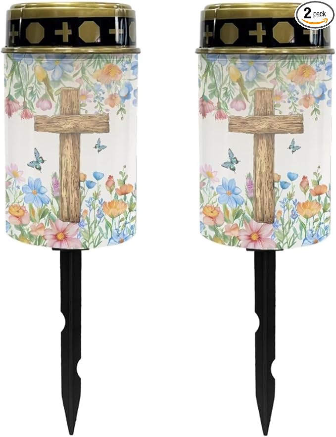 Poceacles Cross Solar Lights Solar Cemetery Lights Solar Grave Lights Outdoor Waterproof Decoration Pathway Lights Garden Solar Candle for Memorial Day Decor, Flower Butterfly Cross, Pack of 2