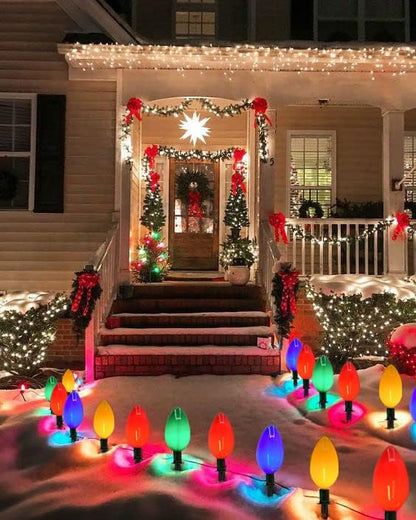 C9 Christmas Path Marker Light Outdoor, 7 Feet LED Christmas Pathway Lights with 4 LED Multicolor Lights and 4 Stakes Waterproof Lawn Walkway Lane Marker Decoration