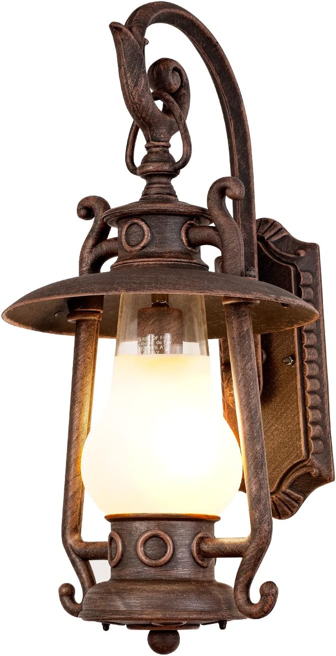 GZBtech Large Rustic Lantern Wall Sconce Outdoor, Vintage Rust Color Exterior Sconce Light, 110V Waterproof Kerosene Wall Mounted Lighting Fixture with Frosted Shade for Porch Garage Room, UL Listed