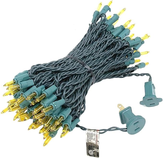 Novelty Lights 50 Feet 100 Bulbs Traditional Incandescent Mini Lights, Yellow on Green Wire with 6" Spacing, Commercial Grade and UL Listed for Indoor/Outdoor Use, End-to-End Connectable