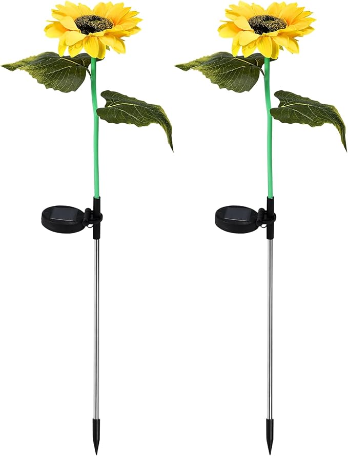 ZPSHYD Solar Sunflower Lights, IP65 Waterproof Outdoor Garden Auto ON/Off Solar Decorative Lights for Backyard, Flower Bed, Pathway, Porch, with 2 Lights (2PCS Single Head Sunflower)