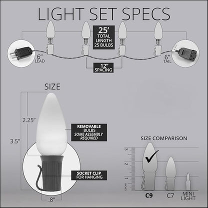 Wintergreen Lighting C9 OptiCore LED Commercial Outdoor Christmas Lights – Heavy Duty; Wedding; White Wire (25 Lights, 25 Ft, Red Smooth/Opaque)