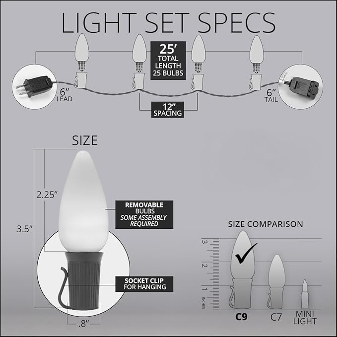 C9 OptiCore LED Commercial Outdoor Christmas Lights – Heavy Duty Christmas String Lights; Wedding Christmas Lights; White Wire (25 Lights, 25 Ft, Blue Smooth/Opaque)