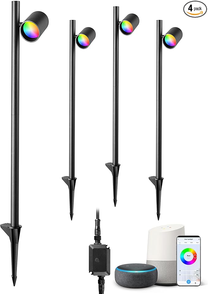 EDISHINE 12V Low Voltage Smart Color Changing Landscape Lighting, 320° Head Adjustable, 300LM RGBW Outdoor Spotlights, IP67 Waterproof Spot Lights, APP Control, Work with Alexa & Google, 48FT