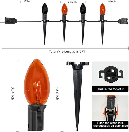 C9 Outdoor Halloween Pathway Lights - 19.5Ft Orange & Black Bulbs with 10 Stakes, Connectable Waterproof Markers for Yard, Lawn & Garden Decor