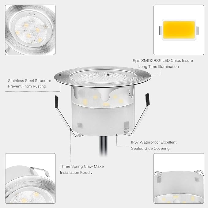 Led Deck Lights Outdoor Waterproof Low Voltage Stainless Steel 1W Outdoor Yard Garden Decoration Lamps Landscape Pathway Patio Step Stairs LED In-ground Lights Silver Border(30pcs,Warm White)