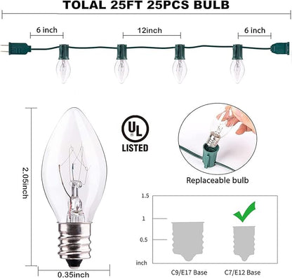 C7 Christmas Lights, 25Ft Outdoor Clear Christmas String Lights with 27 Clear Warm White Incandescent Bulbs, Vintage Christmas Lights for Roofline Patio Christma Cafe Party Decorations, Green Wire