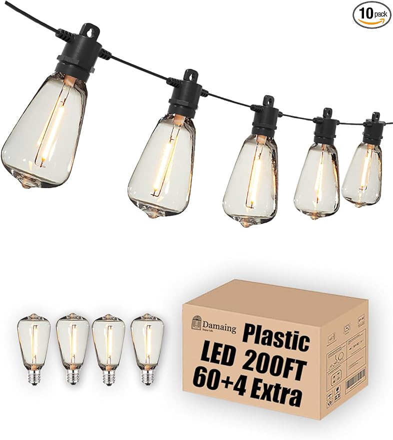 DAMAING String Lights for Outside 198FT,64 Vintage Bulbs LED Outdoor Edison Lights Waterproof,Shatterproof Connectable Patio Lights Outdoor,Dimmable Hanging String Lights for Backyard