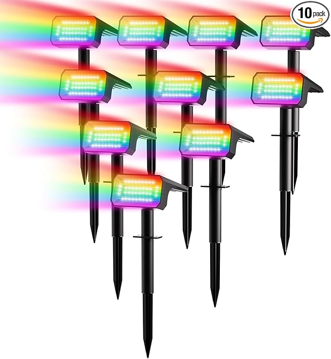 Fabrito Color Changing Solar Spot Lights Outdoor 10 Pack, [6+1 Lighting Modes] Auto On/Off RGB Spotlights | Lumora