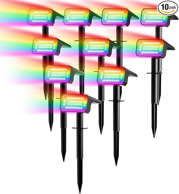 Fabrito Color Changing Solar Spot Lights Outdoor 10 Pack, [6+1 Lighting Modes] Auto On/Off RGB Spotlights | Lumora