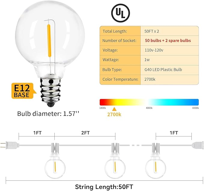 100FT 2-Pack Outdoor Festoon Wedding Lights for Party Waterproof/Connectable/Dimmable LED Shatterproof Globe Patio | Lumora