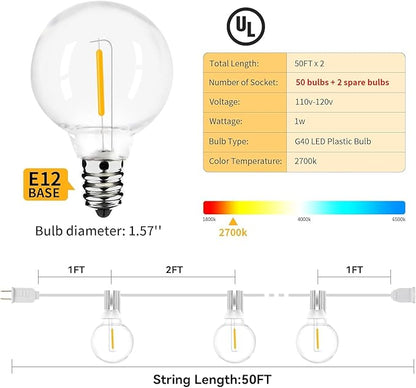 100FT 2-Pack Outdoor Festoon Wedding Lights for Party Waterproof/Connectable/Dimmable LED Shatterproof Globe Patio Lights for Backyard Porch Cafe Garden