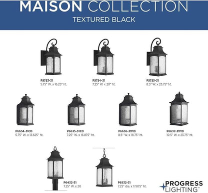 Progress Lighting Maison Collection 1-Light Water Seeded Glass Farmhouse Outdoor Small Wall Lantern Light Textured Black