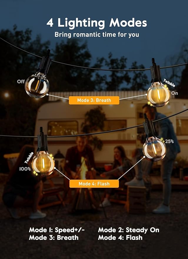 Brightown Outdoor String Lights with Remote, 2 Packs Each 38Ft 15 LED Patio Lights Outdoor Waterproof, String Lights for Outside, Hanging Lights for Porch Balcony Bistro Cafe