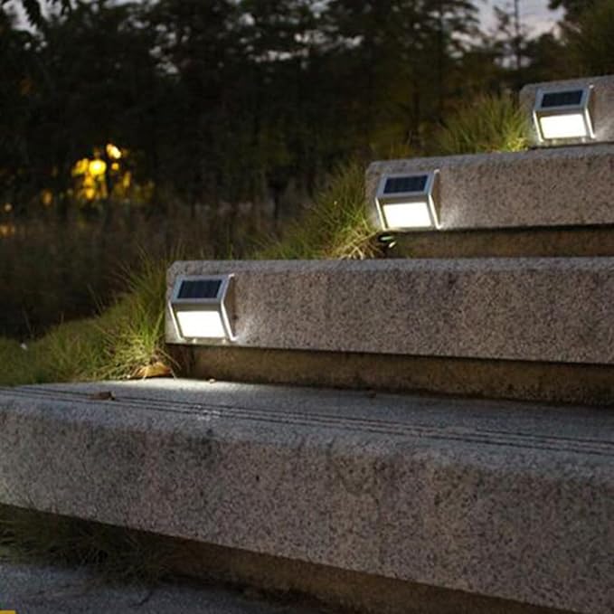 2pcs Solar Powered 3-LED Stair Lights Outdoor Waterproof Stainless Steel Wall Lamp for Fence Patio Steps, White Light, Solar LED Step Lighting for Garden Pathway