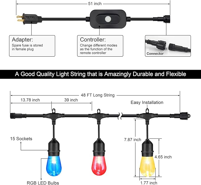 Mlambert 48FT RGB Outdoor Patio Lights Bundle with 1 Controller Box and 1 Remote