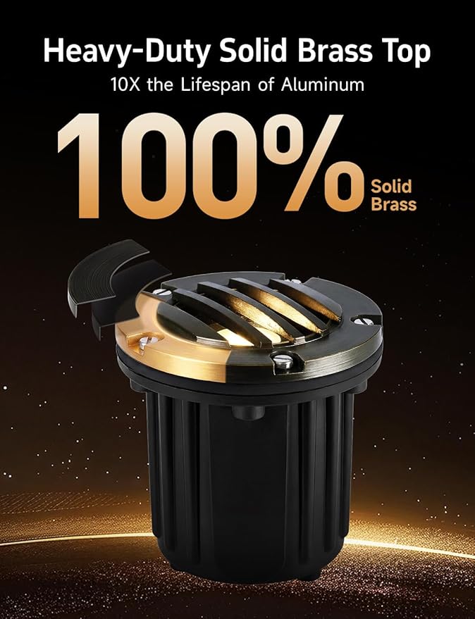 Gardenreet Landscape Low Voltage Well Light - Brass 12V in-Grade Lighting, Wired LED Electric Replaceable Bulb | Lumora