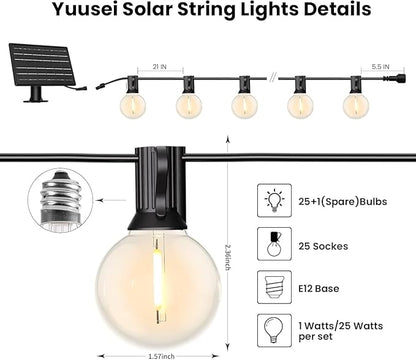 Yuusei Solar String Lights Outdoor 50 FT, Patio Lights for Outside with 25+1 Shatterproof Bulbs, Solar Powered with USB Port, Waterproof Solar LED Hanging Light for Backyard Garden 2700K Warm White