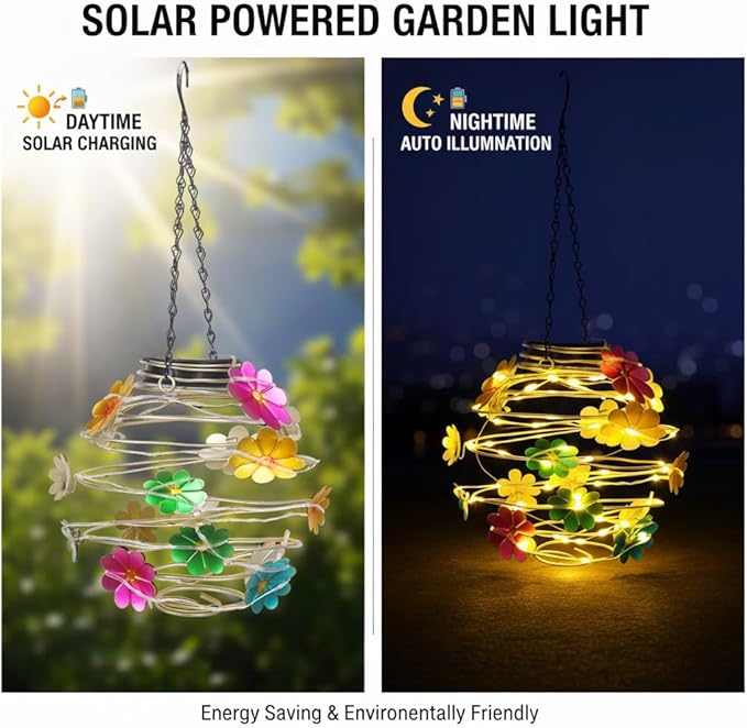 2 Pack Solar Lanterns Outdoor Waterproof , 30LEDs Hanging Solar Lights with Flower for Garden Patio Yard Decor, Gift for Grandma Gardeners Women