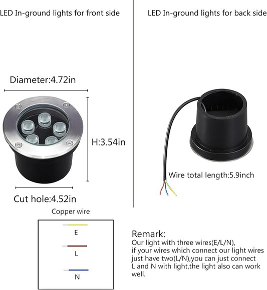 Outdoor Well Lights In Ground,Line Voltage 110V 120V,Diameter 4.72 inches,Outdoor Landscaping Lighting 5W,White 6500K,Waterproof Recessed Pathway Lights for Patio,Step,Driveway,Pack of 4