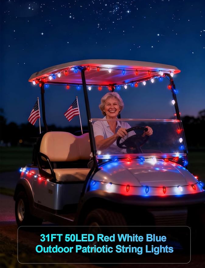 4th of July Decorations C7 Bulb Solar String Lights Outdoor Waterproof 50 LED Red White Blue Solar Lights for Independence Day President Memorial Day Christmas Party Patriotic Decorations