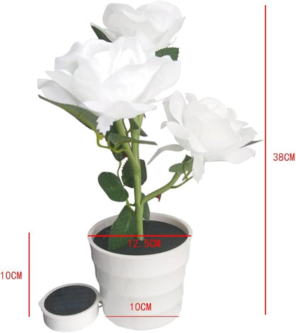 LED Solar Power Decorative Artificial Rose Flower Pot Plant Landscape Light Night Lamp Outdoor Garden Yard Pathway Lawn Grassland White