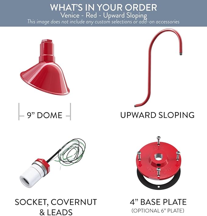 Steel Lighting Co. Venice Store Sign Light | for Outdoor Restaurant Accent Wall | 9 inch Dome | Upslope Gooseneck | Made in America | Red Exterior/White Interior