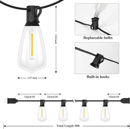 Brightever 30FT LED Outdoor String Light with 16 ST38 Vintage Edison Shatterproof Bulbs, Commercial Grade Patio Lights Connectable, Waterproof Hanging Lights for Balcony, Backyard, Warm White