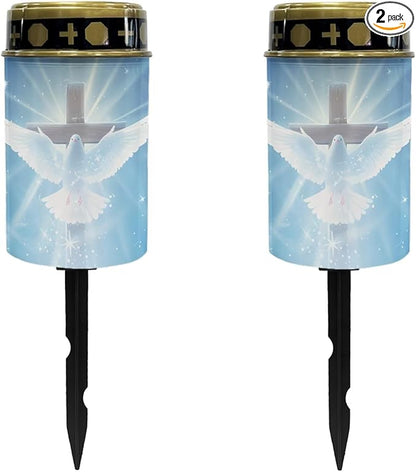 Peace Dove Cross Solar Memorial Lights for Graves Blue Gravesite Decorations Cemetery Solar Lights for Grave Outdoor Garden Cemetery Led Lights Grave Lamp for Loved Ones Set of 2
