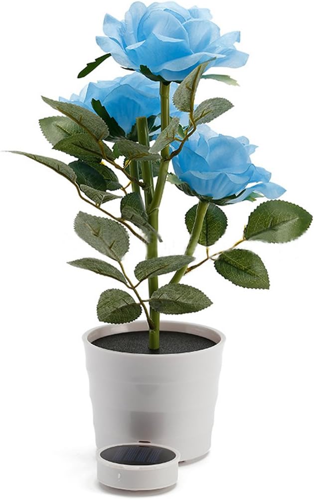 LED Solar Power Decorative Artificial Rose Flower Pot Plant Landscape Light Night Lamp Outdoor Garden Yard Pathway Lawn Grassland Blue