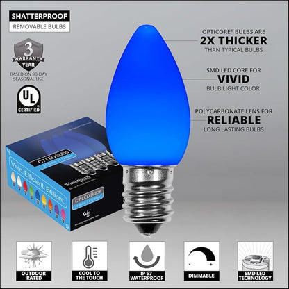 Wintergreen Lighting Opticore LED Blue Commercial C7 Christmas Lights Vintage Style with Smooth Opaque Finish, Heavy Duty 18 Gauge Green Wire (100 Lights, 100 ft)