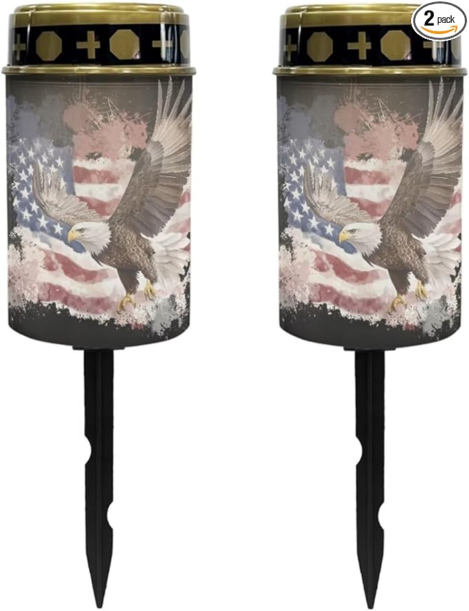 Poceacles 2 Pack Solar Lights Solar Cemetery Lights Solar Grave Lights Outdoor Waterproof Decoration Pathway Lights Garden Solar Candle for Memorial Day Decor, Eagle American Flag Splatter