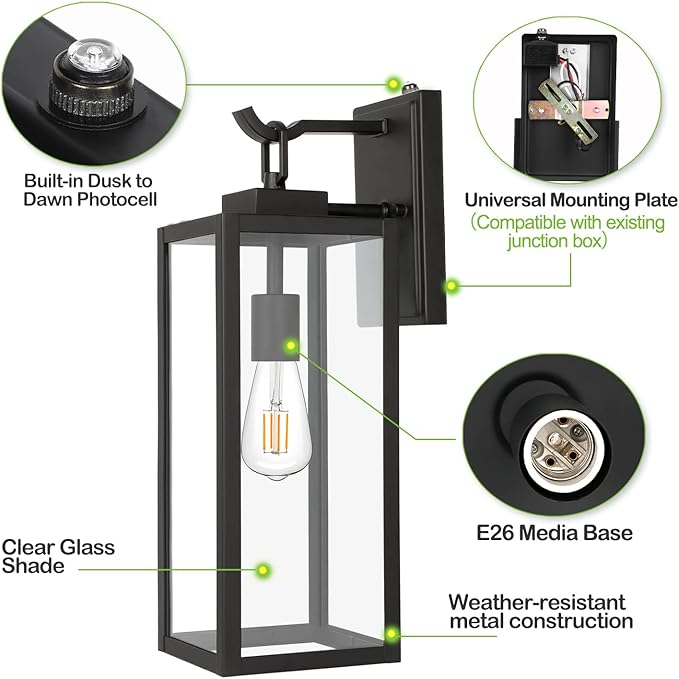 hykolity Large Size Dusk to Dawn Outdoor Wall Lanterns, 18 Inch Outdoor Wall Light Fixtures, Matte Black Porch | Lumora