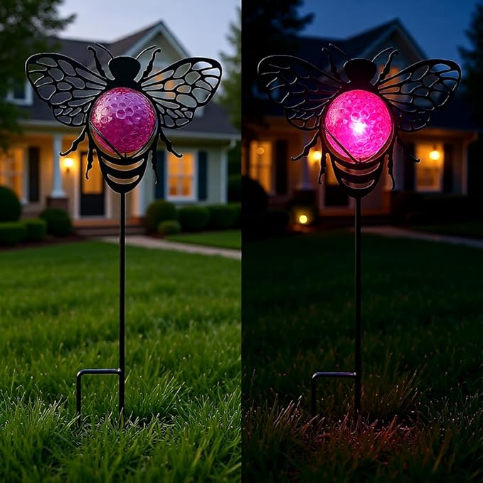 Bee Solar Lights Outdoor Decorations, 2 Pack Metal Iron Solar Stake Lights for Yard, Garden, Lawn Decor