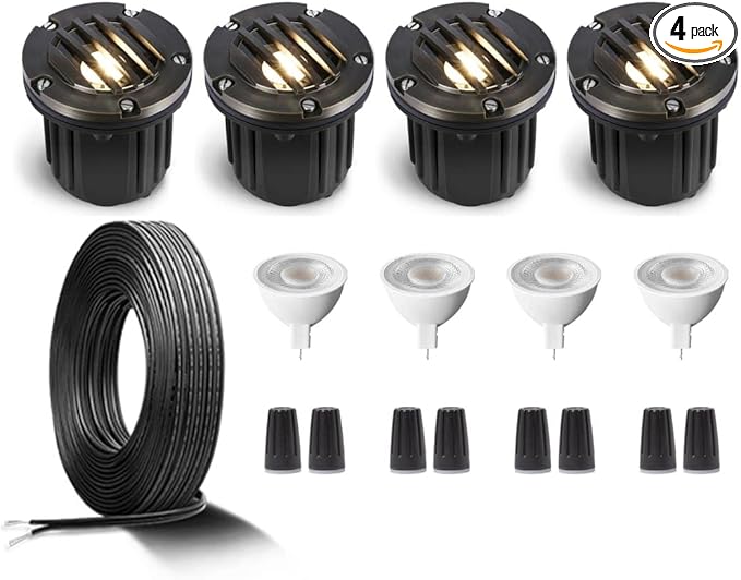 Gardenreet Brass Low Voltage Well Lights Kit(4 Pack) with MR16 Bulb & 100Feet Wire & Connectors, 12V AC/DC LED In | Lumora