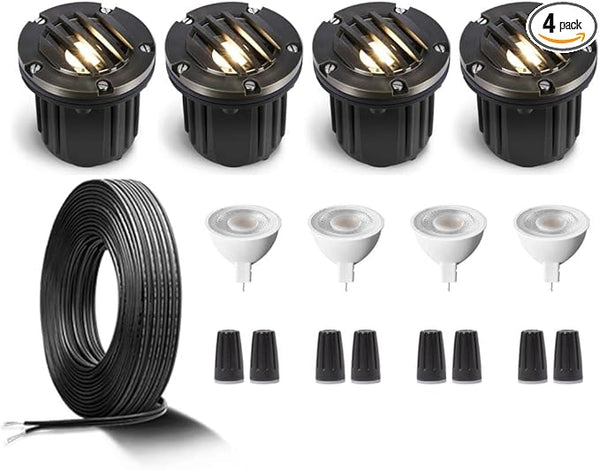Gardenreet Brass Low Voltage Well Lights Kit(4 Pack) with MR16 Bulb & 100Feet Wire & Connectors, 12V AC/DC LED In | Lumora