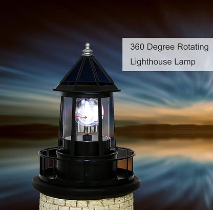 LED Solar Powered Lighthouse, 360 Degree Rotating Lighthouse Lamp, IP66 Waterproof LED Solar Lights Towers Statue for Outdoor Garden Pathway Patio(Black)