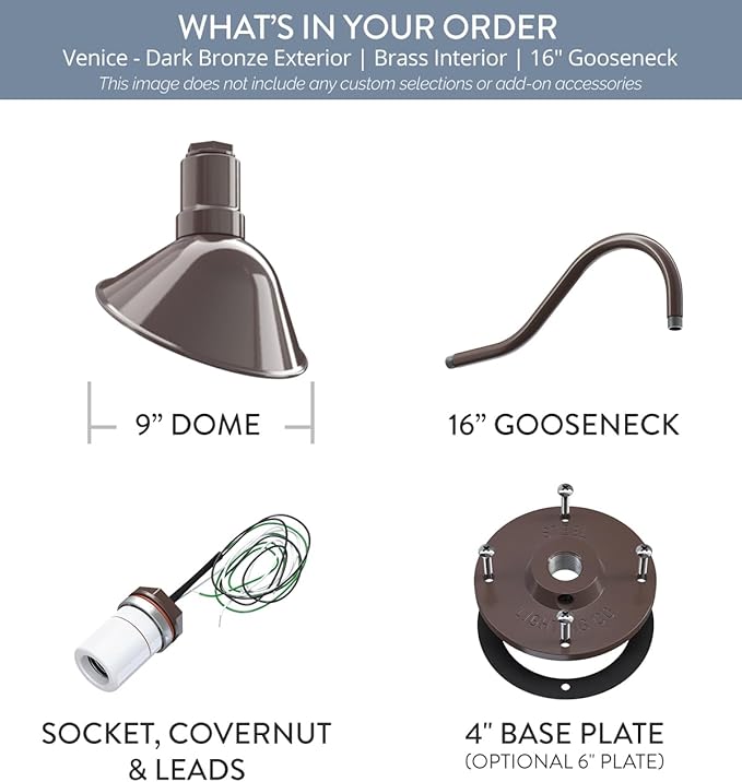 Steel Lighting Co. Venice Store Sign Light | for Outdoor Restaurant Accent Wall | 9 inch Dome | 16" Gooseneck | Made in America | Dark Bronze Exterior/Brass Interior