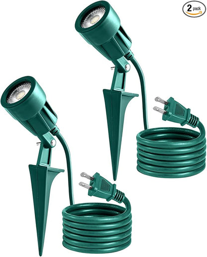 Outdoor Spotlight Plug in, Weather Resistant, Heavy Duty Stake, Landscape Light for Yard, Tree, Flag, Holiday Decor, 6FT Cord, 120V 300LM 5000K, Green, ETL Listed, 2Pack