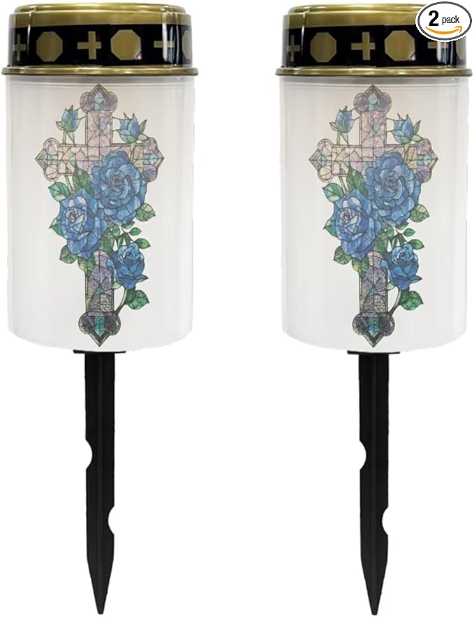 Poceacles Cross Outdoor Solar Lights - Waterproof Solar Lanterns with Blue Rose, Gothic Cross Design - Pack of 2