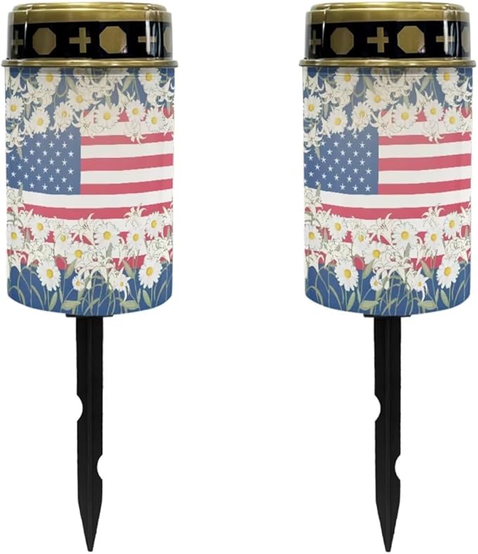 Daisy America Flag Solar Yard Light Solar Powered Light Outdoor Landscape Path Lights Patriotic Decor Solar Light for Lawn Path Walkway Waterproof Solar Light