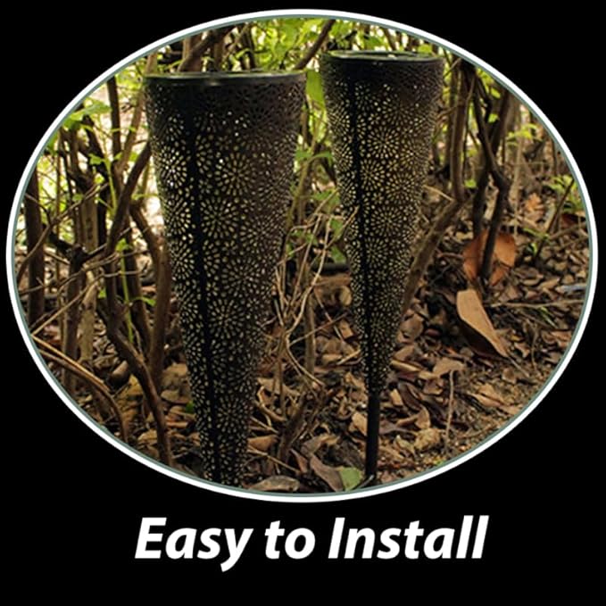 Hemoton Solar Outdoor Lawn Lights with Metal Hollow Cone Design Cordless Solar Garden Spot Lights for Patio Pathway Yard Landscape Lighting Easy Installation
