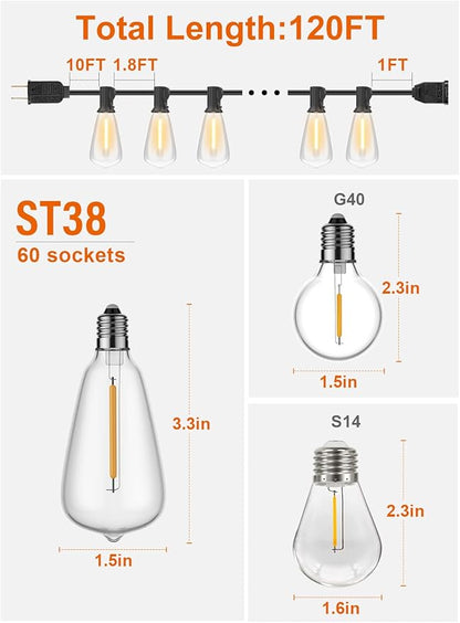 GPATIO 120FT Outdoor String Lights, Waterproof Patio Lights with 64 Hanging Lights ST38 Bulbs, 2700k Shatterproof for Backyard Gazebo Porch Garden Outside Decor