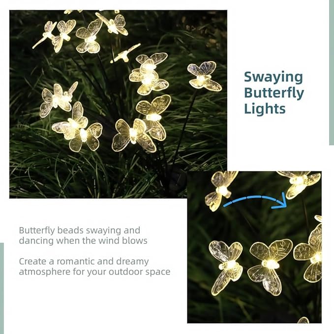 Solar Garden Lights Outdoor Waterproof 4 Pack 32 LED Decorative Warm White Swaying Butterfly Lights Garden Decor Stakes for Outside Yard Pathway Lawn Grave Decor